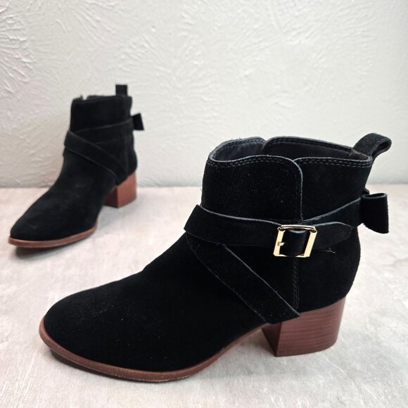 Kate Spade Moto Ankle Boots 8 Black Suede Low Block Heel Dressy Chic Bow Booties - Picture 1 of 13